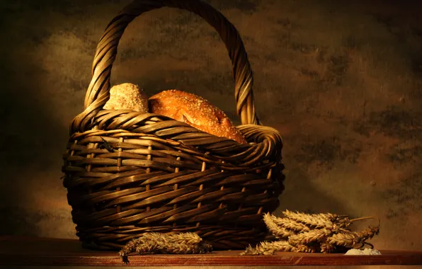 Картинка стол, корзина, хлеб, колосья