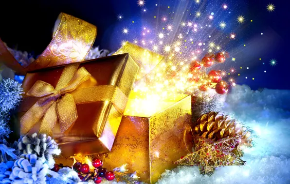 Снег, коробка, подарок, Новый Год, Рождество, Christmas, New Year, decoration