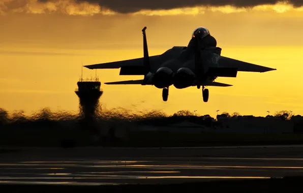 Картинка небо, закат, истребитель, Eagle, F-15C