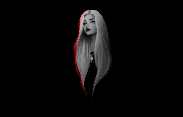 Картинка Girl, dark, long hair, minimalism, red eyes, artwork, black background, necklace