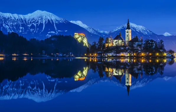 Картинка пейзаж, горы, ночь, природа, озеро, отражение, освещение, Альпы