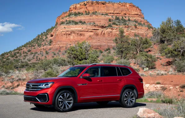 Красный, гора, Volkswagen, SUV, Atlas, 2020