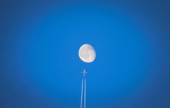 Картинка moon, sky, flight, airplane, contrails