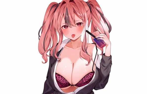 Girl, sexy, lingerie, bra, cleavage, pink hair, long hair, boobs