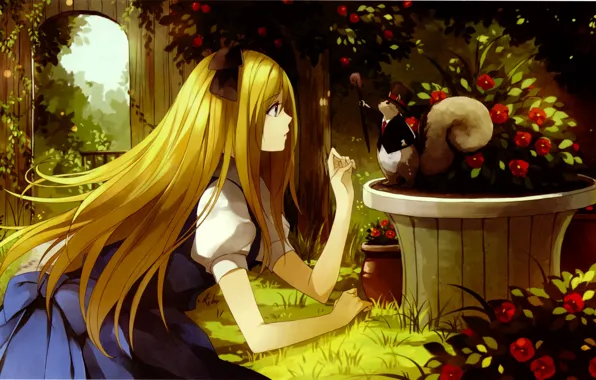 Картинка девушка, цветы, животное, шляпа, аниме, сад, белка, арт