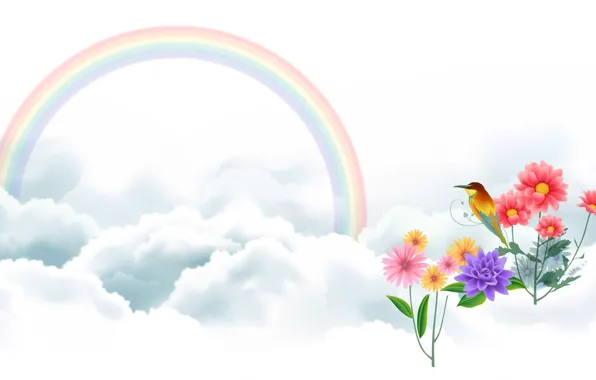 Картинка облака, цветы, птица, радуга, арт, векторный рисунок