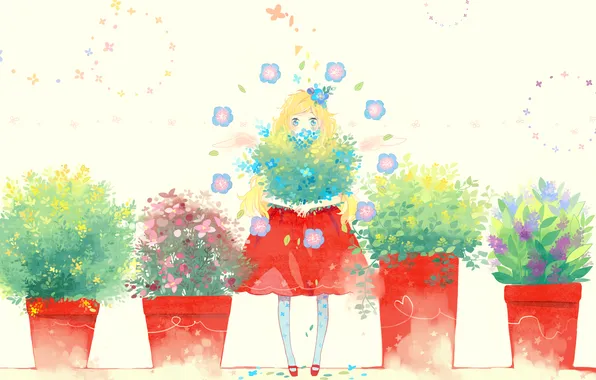 Картинка девушка, цветы, крылья, ангел, аниме, арт, горшки, kyang692