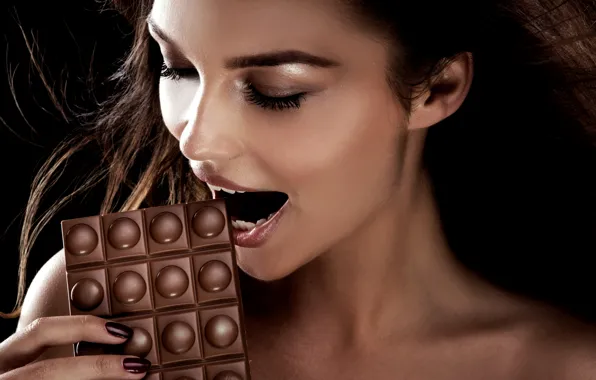 Woman, bar, Chocolate, fingers
