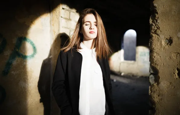 Girl, Wall, Sun, Brightly