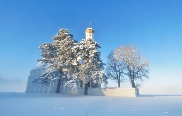 Картинка зима, снег, туман, храм