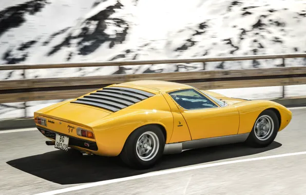 Цвет, Авто, Дорога, Горы, Желтый, Lamborghini, Скалы, Снег