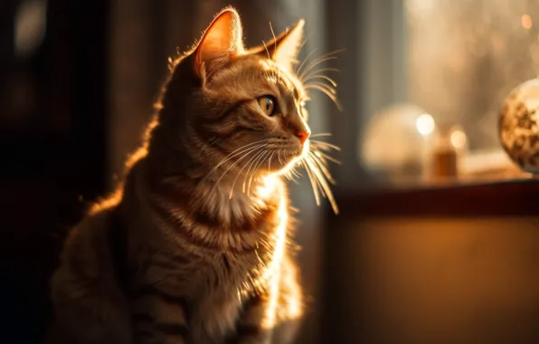 Кошка, кот, усы, взгляд, свет, портрет, окно, арт