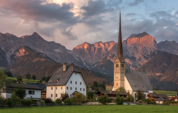 Картинка горы, здания, дома, Австрия, Альпы, церковь, Austria, Alps