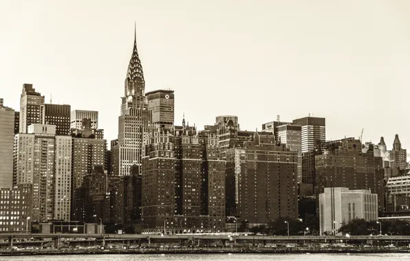 Картинка город, река, здания, дома, Нью-Йорк, небоскребы, USA, США