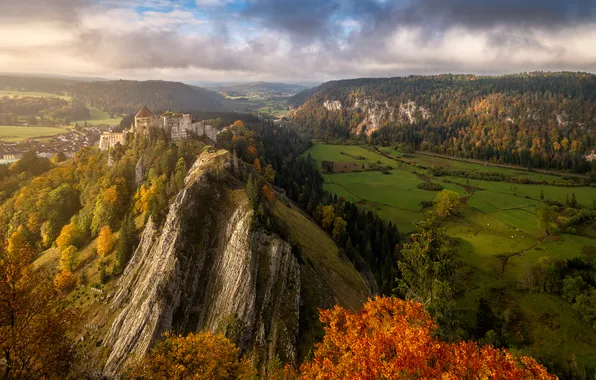Осень, лес, небо, облака, свет, деревья, горы, туман