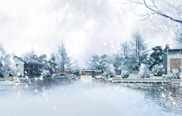 Картинка холод, лед, зима, снег, деревья, снежинки, природа, дом
