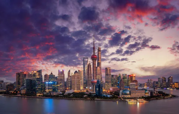 Река, China, здания, дома, панорама, Китай, Shanghai, Шанхай