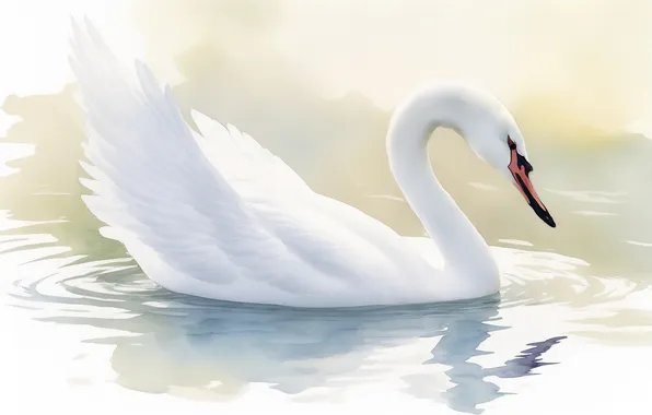Птицы, птица, рисунок, перья, акварель, лебедь, swan, лебеди