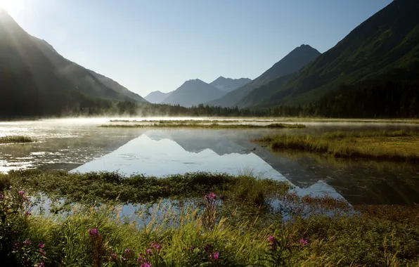 Картинка горы, озеро, рассвет, утро, Аляска, дымка