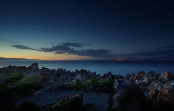 Картинка небо, звезды, пейзаж, камни, океан, рассвет, берег, South Africa