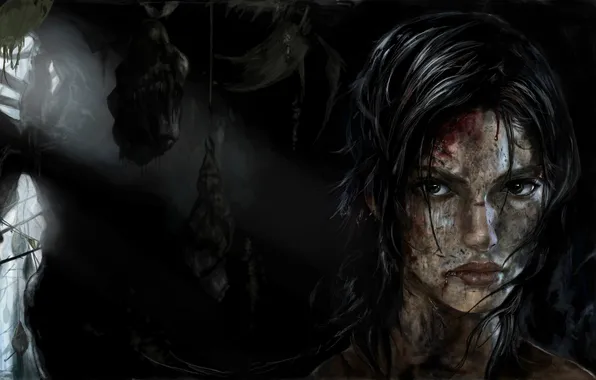 Картинка девушка, кровь, грязь, пещера, кокон, tomb raider, Lara Croft, A Survivor Is Born