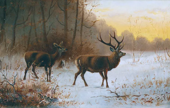 Зима, Деревья, Снег, Картина, Рога, Олени, Немецкий художник-анималист, Moritz Muller II