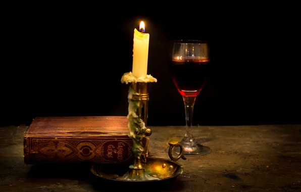 Вино, свеча, книга, воск, Still life