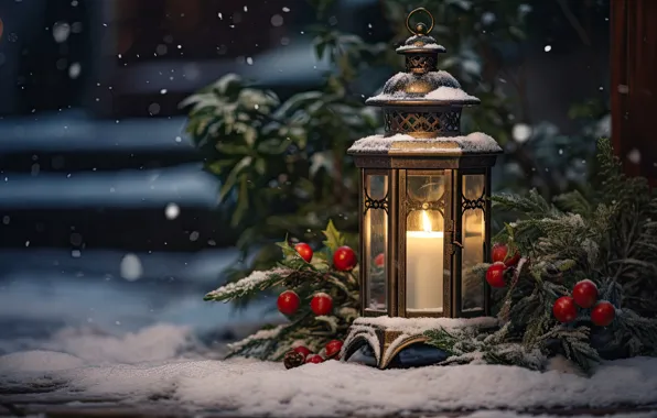 Зима, снег, украшения, Новый Год, Рождество, фонарь, light, new year