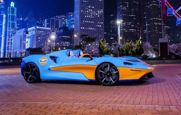 Огни, McLaren, ночной город, Elva, 2021, McLaren Elva, Gulf Theme