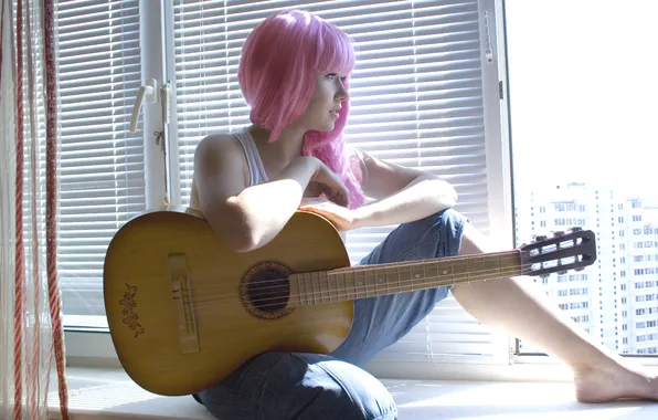 Картинка девушка, гитара, окно