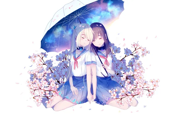 Космос, цветы, зонт, школьница, by lluluchwan