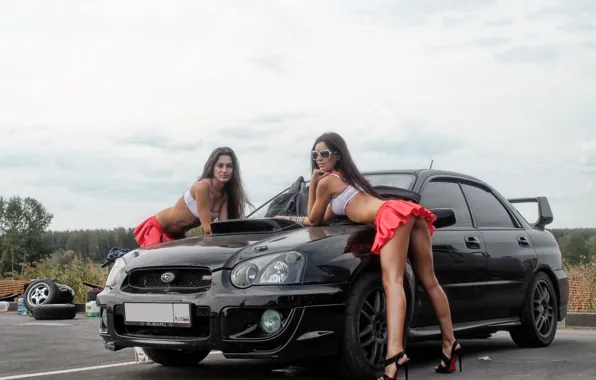Взгляд, девушки, Subaru, очки, Эротика, черный авто