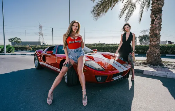 Машина, девушки, улица, Ford, тату, Ford GT, татуировки, red car