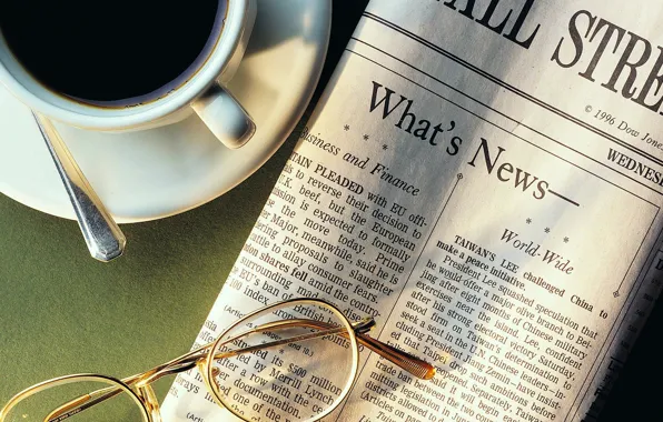 Кофе, очки, ложка, чашка, газета, новости, 1920x1080, подстаканник