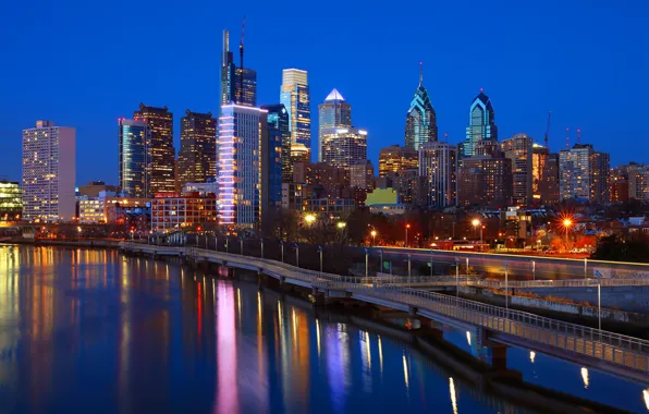 Картинка ночь, огни, река, США, Филадельфия, Philadelphia