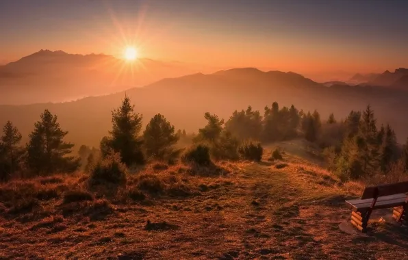 Картинка осень, солнце, лучи, деревья, пейзаж, закат, горы, природа