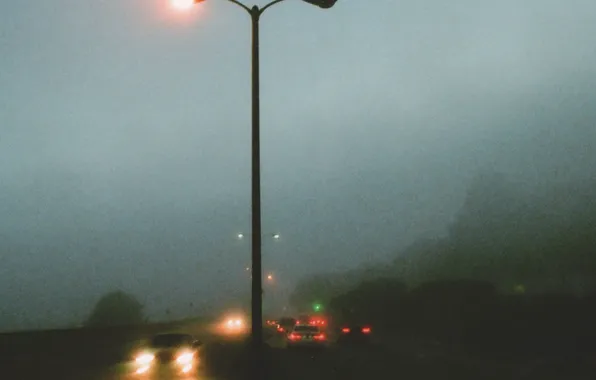 Misty, road, cars, fog, lamps, foggy, mist