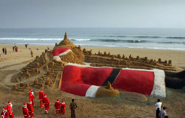 Картинка Индия, Рождество, Санта-Клаус, Пури, песчаная скульптура, золотой пляж