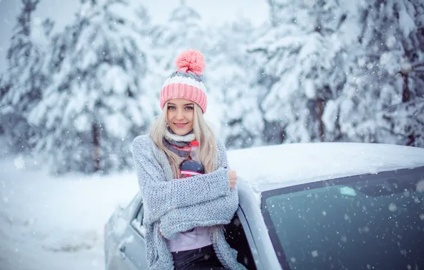 Картинка car, girl, long hair, photo, photographer, blue eyes, winter, snow