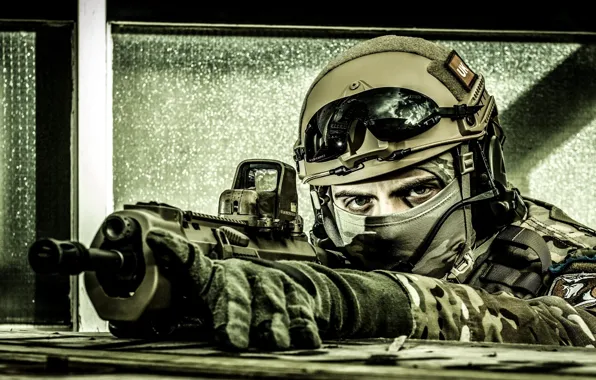 Картинка gun, soldier, eyes, assault rifle, uniform, equipment
