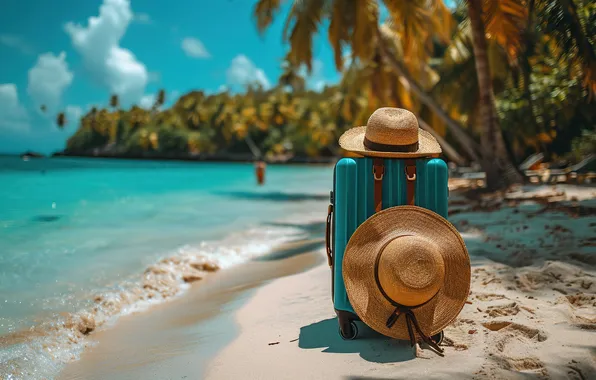 Песок, море, пляж, лето, отдых, чемодан, summer, holidays