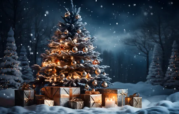 Картинка зима, лес, снег, украшения, ночь, lights, шары, елка