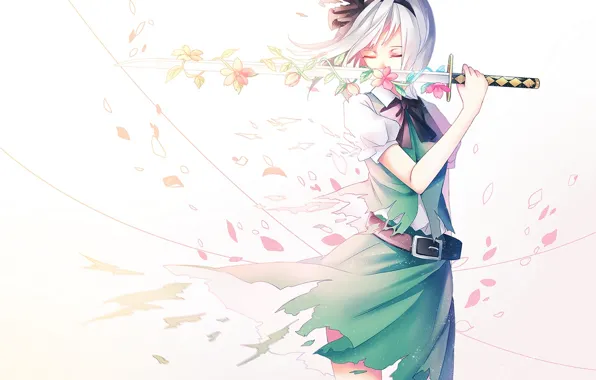 Картинка девушка, цветы, оружие, катана, аниме, лепестки, сакура, арт