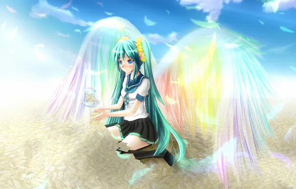 Картинка небо, девушка, облака, крылья, радуга, арт, Hatsune Miku, Vocaloid
