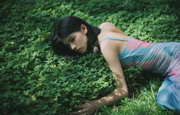 Beautiful, Asian, Model, Woman, Pretty, Outdoor, Plants, Ground