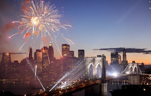 Мост, салют, фейерверк, USA, Америка, Нью Йорк, New York, Brooklyn Bridge