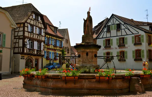 Цветы, Франция, дома, площадь, фонтан, статуя, улицы, Euguisheim