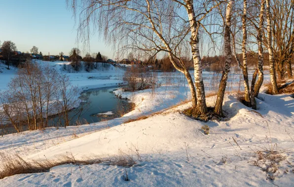 Картинка снег, природа, берёзы, дома, деревья, речушка, деревня, пейзаж