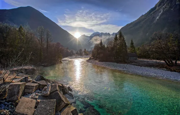 Картинка солнце, лучи, горы, река, Словения, Толмин, долина Соча