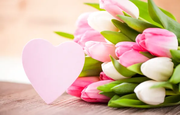 Цветы, сердце, букет, тюльпаны, розовые, белые, сердечко